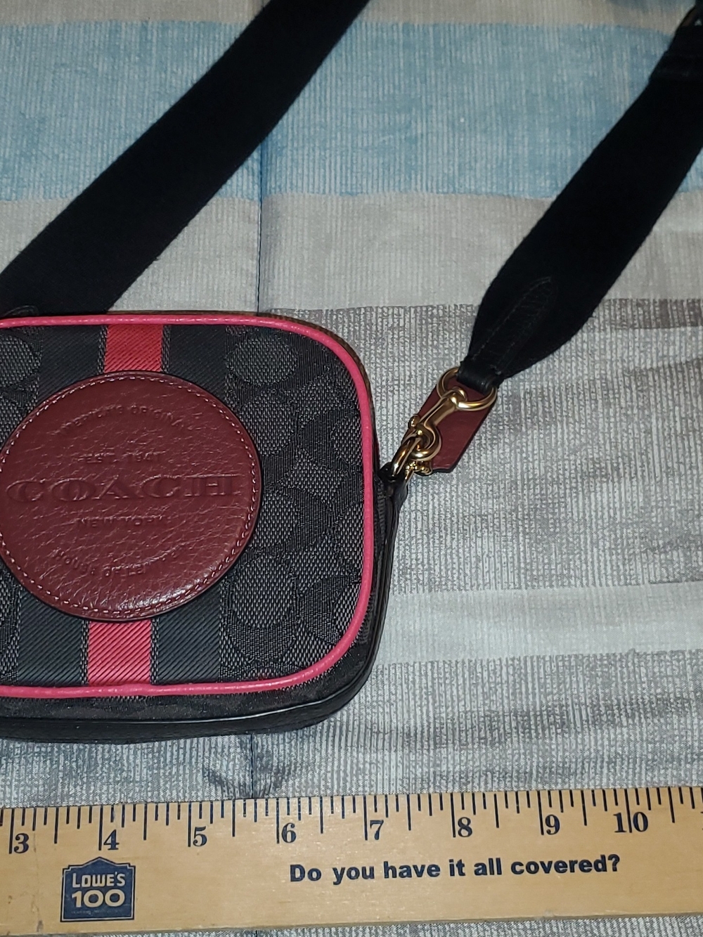 Coach Black Signature Crossbody with Pink Trim and Burgundy Patch